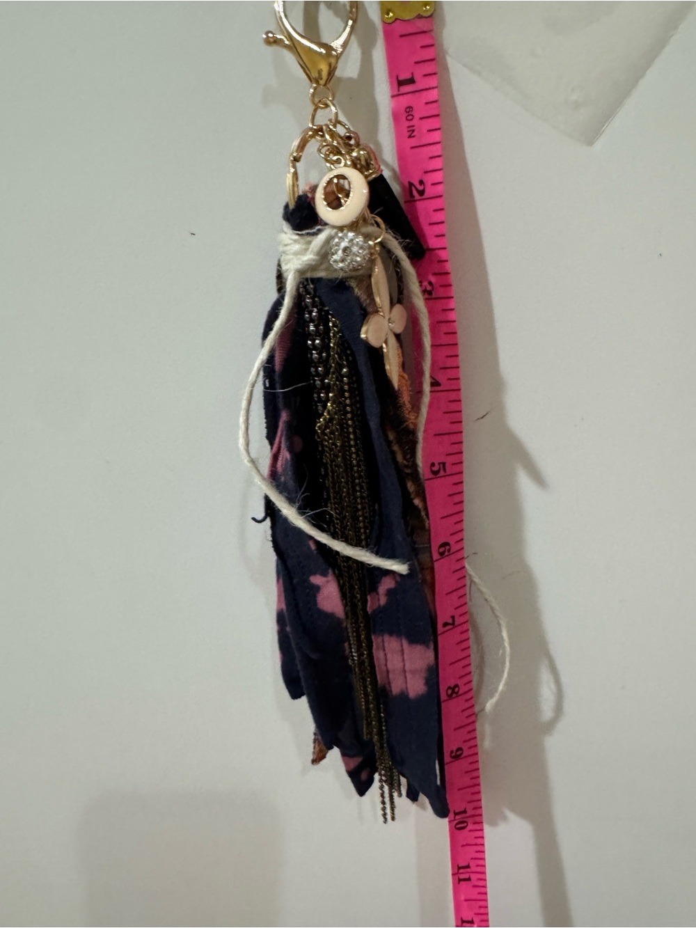 Boho Tassel Keychain Charm in Navy and Pink Tie Dye with Gold Accents